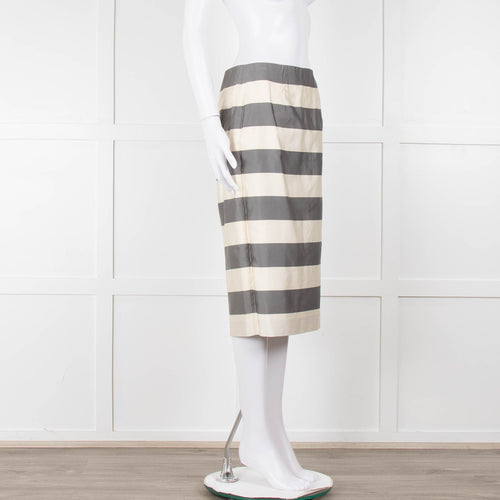 Burberry Cream Grey Striped Pencil Skirt