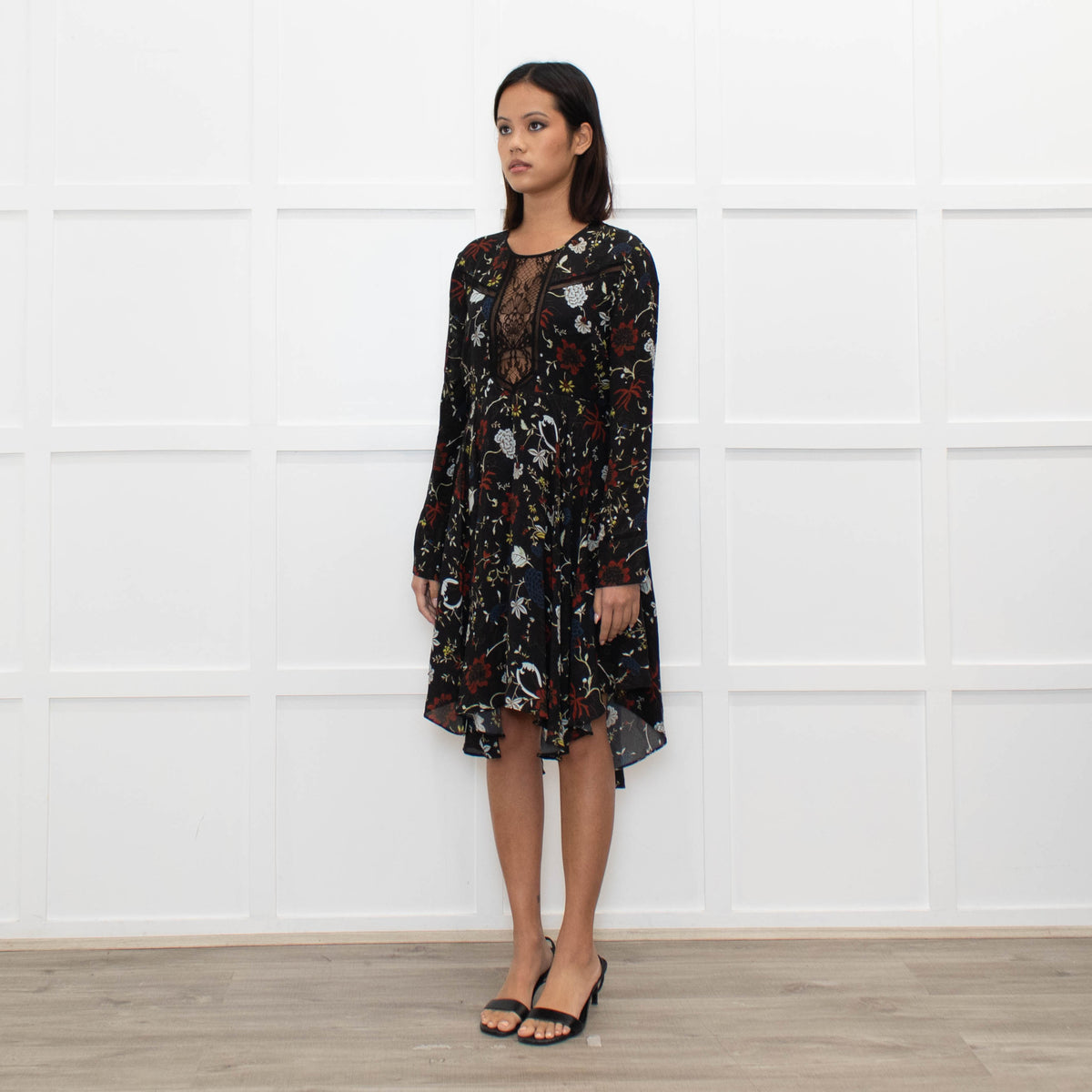 A.L.C Black Floral Long Sleeve Lace Detail Dress