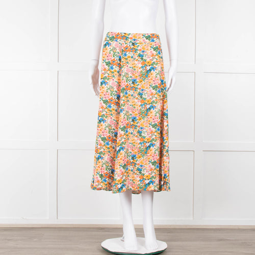 Sezane Cream Orange Green Floral Midi Skirt