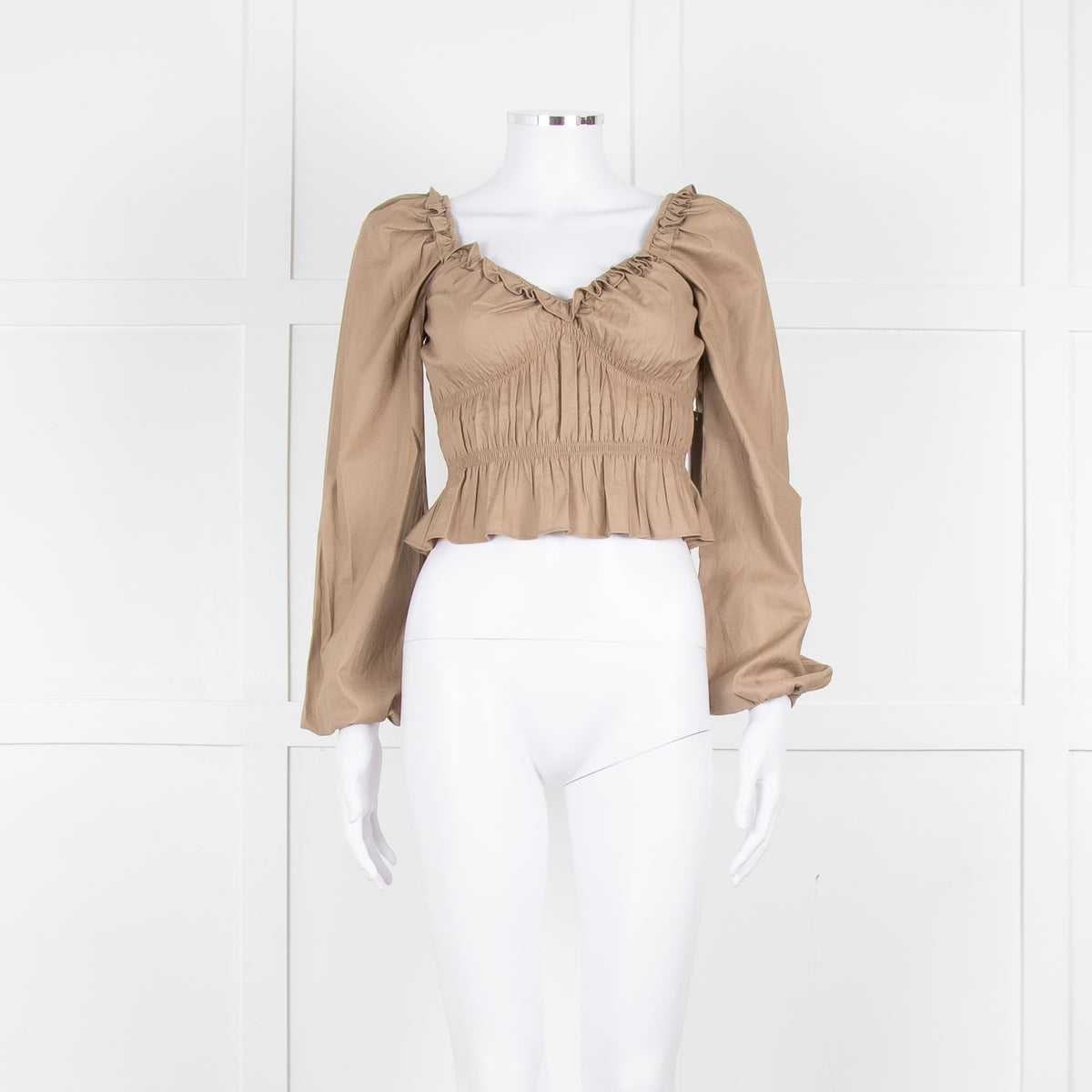 Reformation Beige Elasticated Waist Long Sleeve Cropped Cotton Top