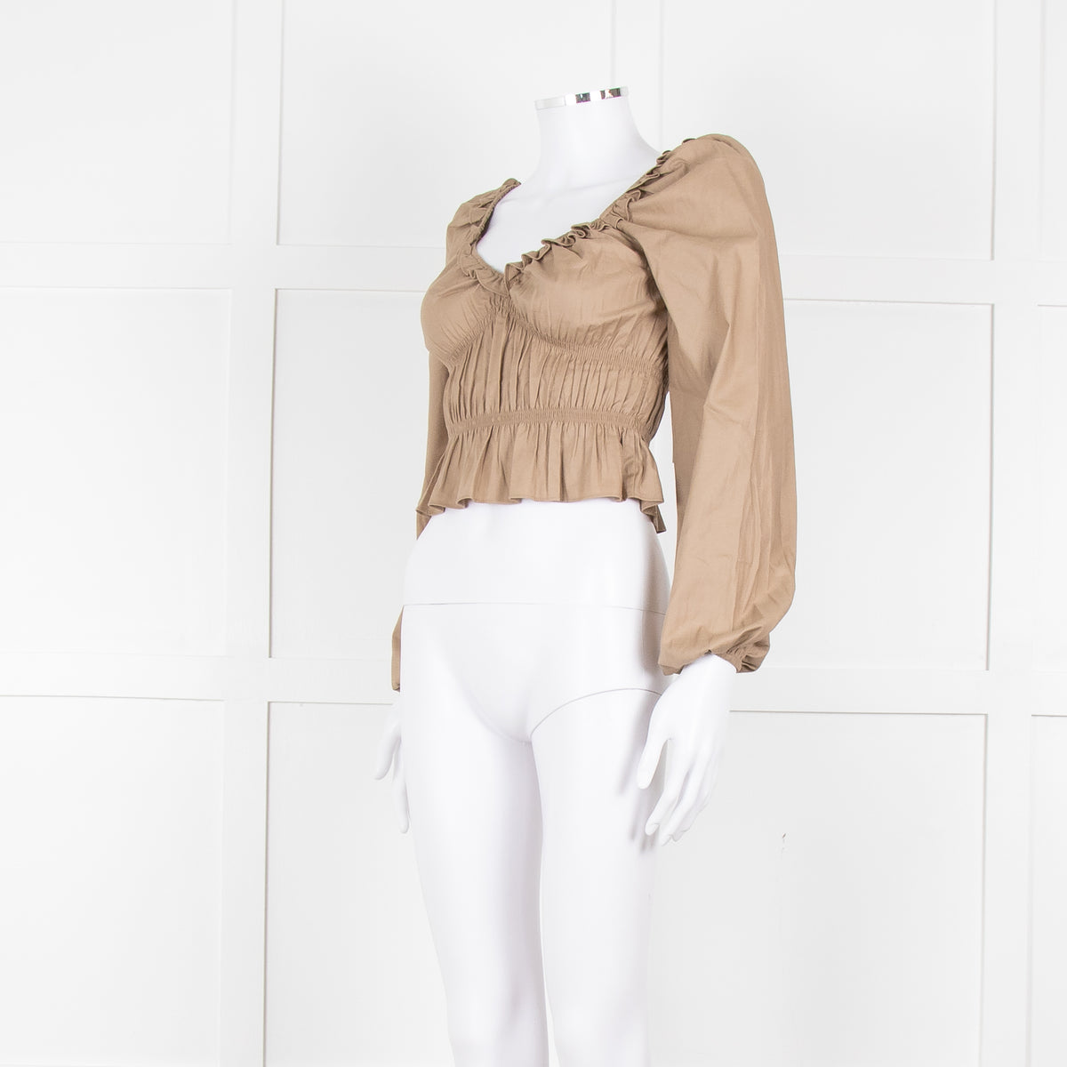 Reformation Beige Elasticated Waist Long Sleeve Cropped Cotton Top