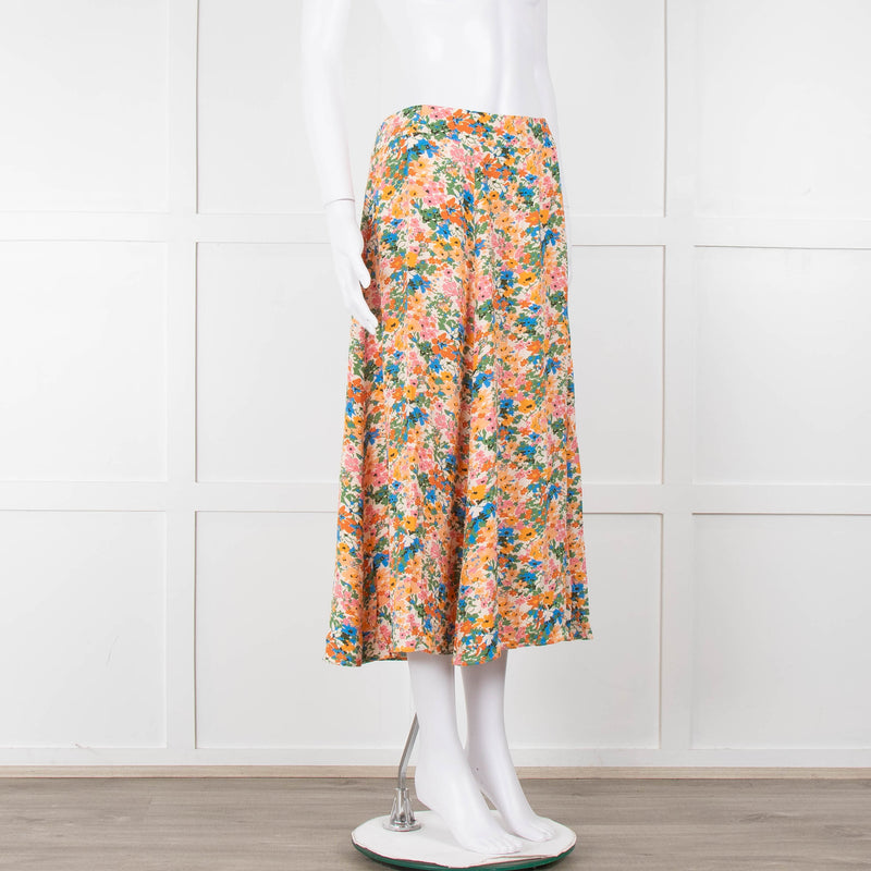 Sezane Cream Orange Green Floral Midi Skirt