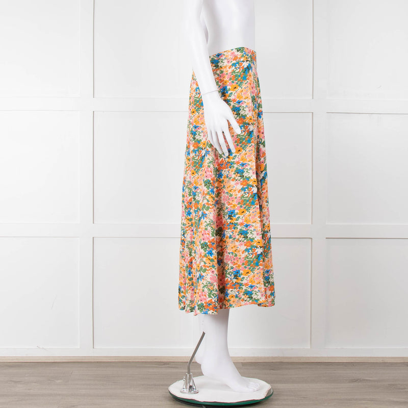 Sezane Cream Orange Green Floral Midi Skirt