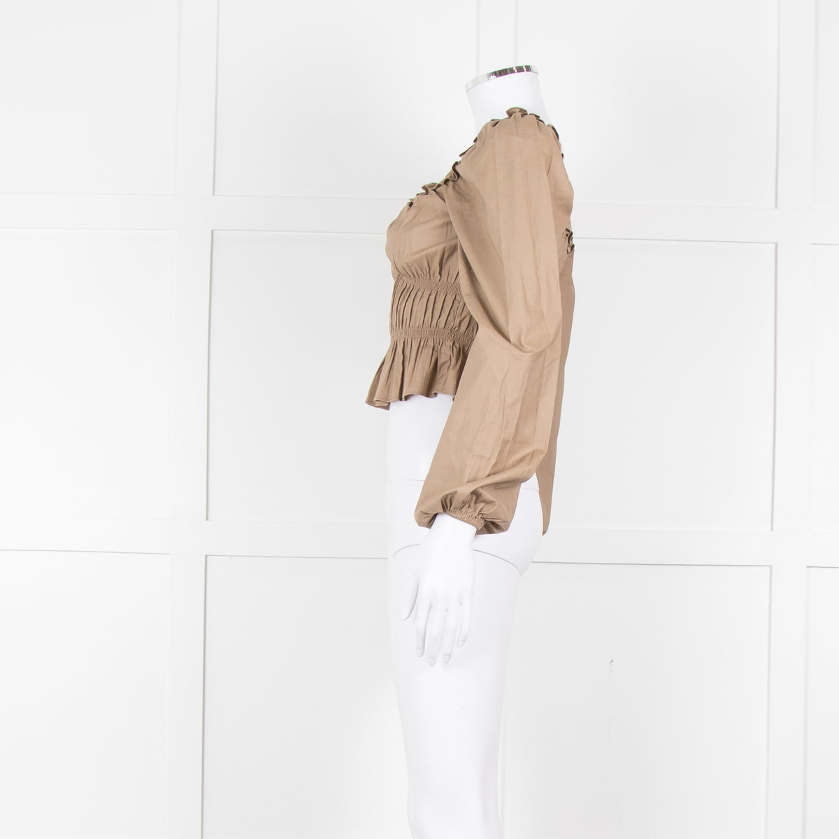 Reformation Beige Elasticated Waist Long Sleeve Cropped Cotton Top
