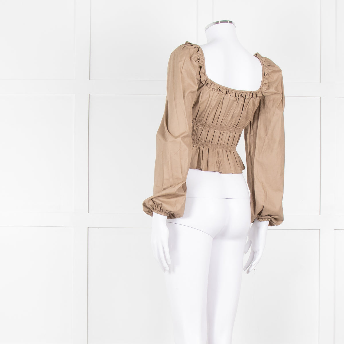 Reformation Beige Elasticated Waist Long Sleeve Cropped Cotton Top
