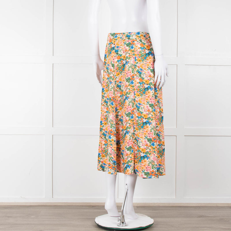 Sezane Cream Orange Green Floral Midi Skirt