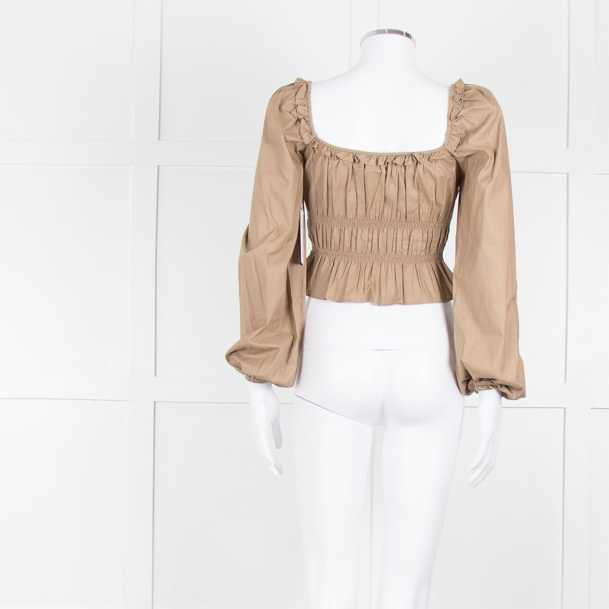 Reformation Beige Elasticated Waist Long Sleeve Cropped Cotton Top