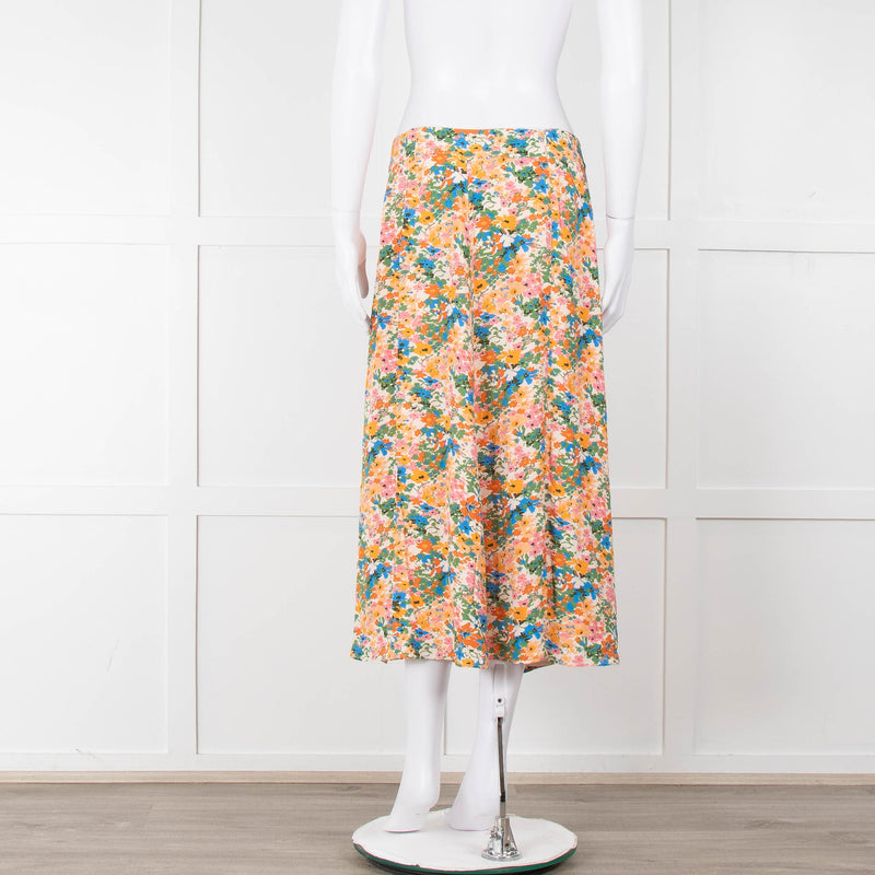 Sezane Cream Orange Green Floral Midi Skirt