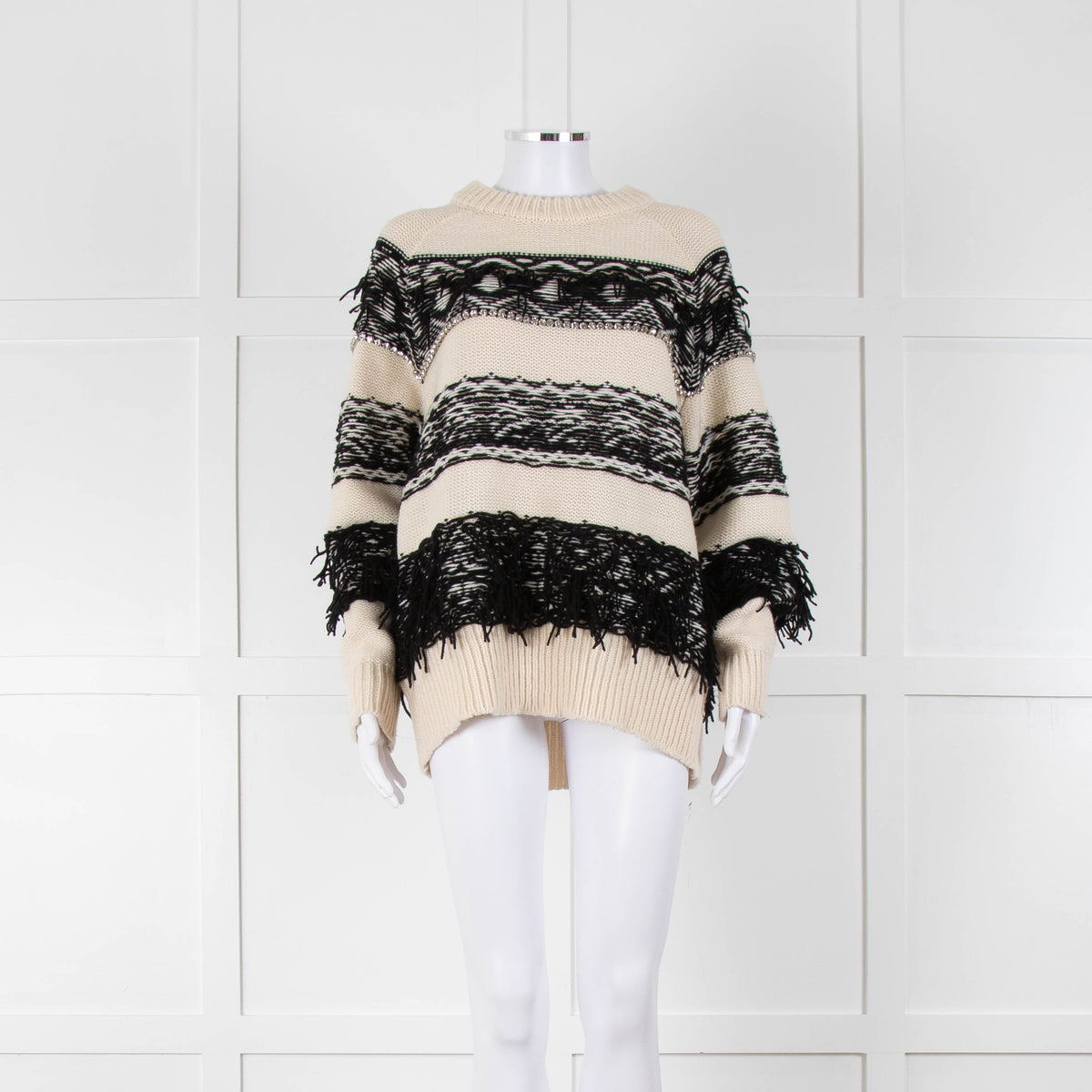 Essentiel Antwerp Cream Black Stripe Fringe Crystal Bead Jumper