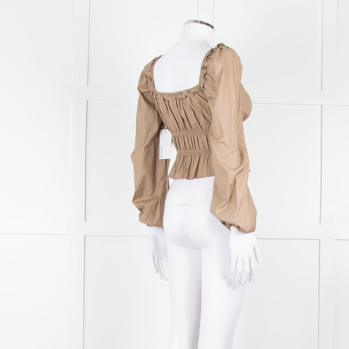 Reformation Beige Elasticated Waist Long Sleeve Cropped Cotton Top