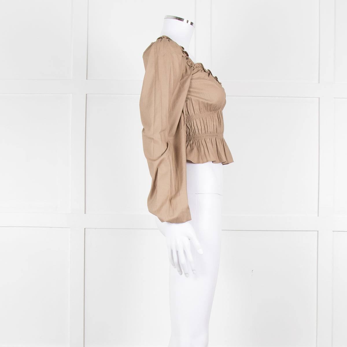 Reformation Beige Elasticated Waist Long Sleeve Cropped Cotton Top