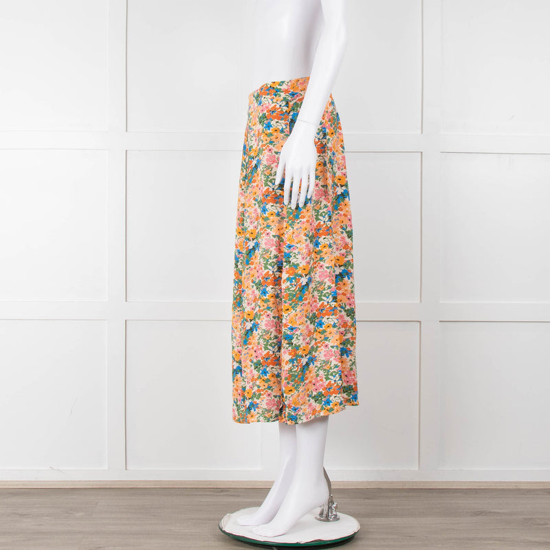 Sezane Cream Orange Green Floral Midi Skirt