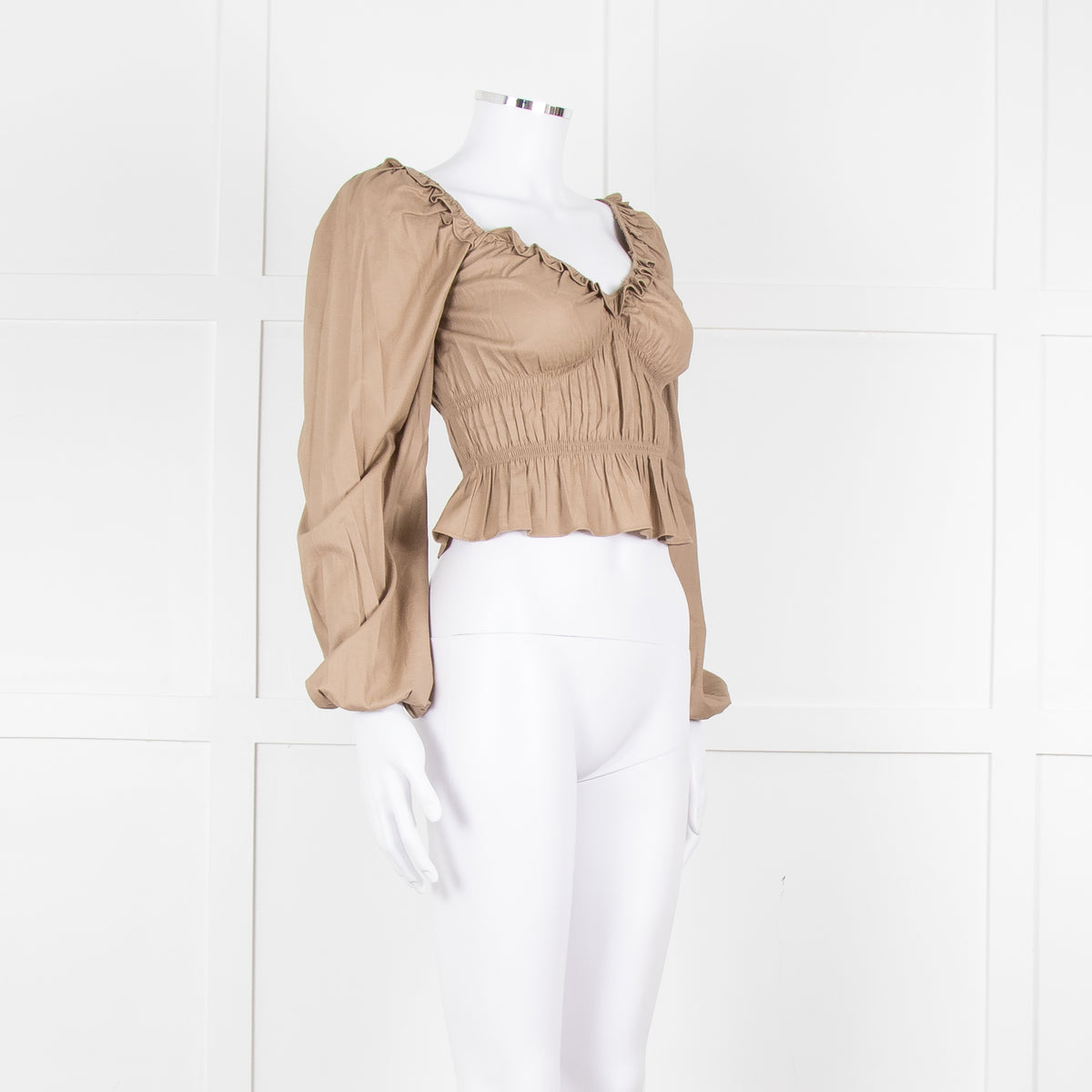 Reformation Beige Elasticated Waist Long Sleeve Cropped Cotton Top