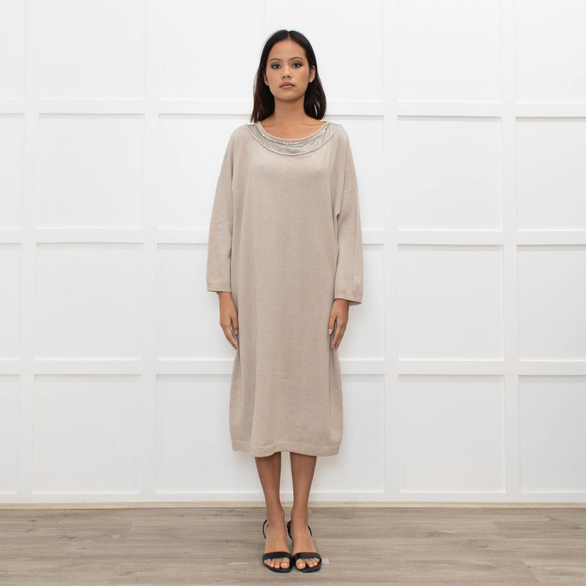 Fabiana Filippi Beige Chain Trim Merino Wool Knit Dress