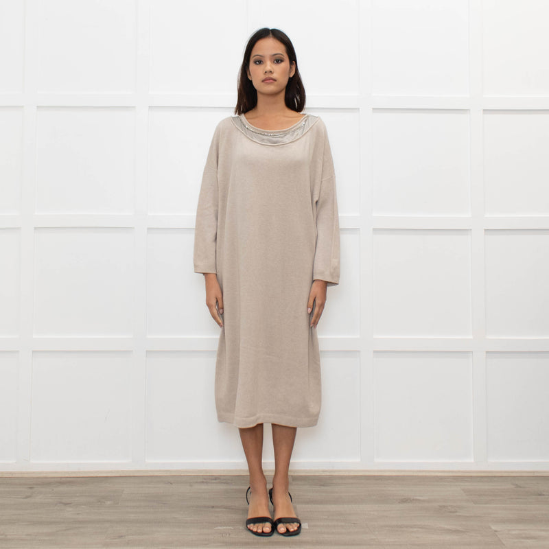 Fabiana Filippi Beige Chain Trim Merino Wool Knit Dress