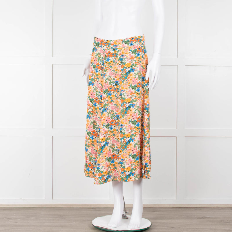 Sezane Cream Orange Green Floral Midi Skirt