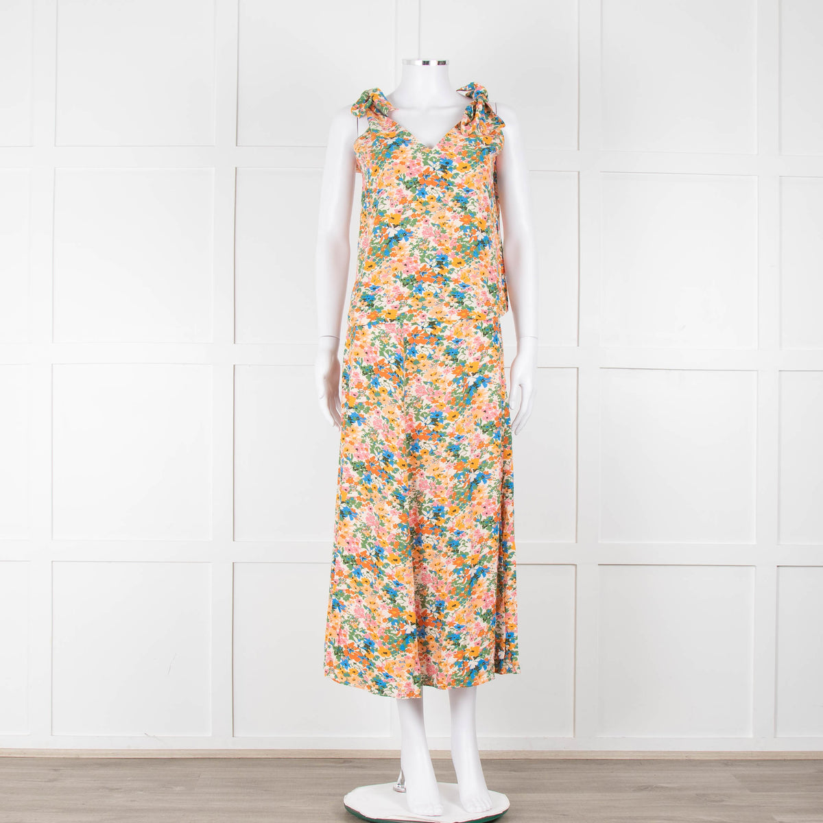 Sezane Cream Orange Green Floral Tie Up Strap Vest