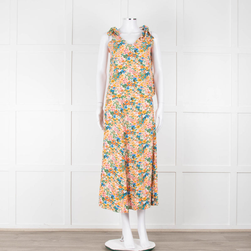 Sezane Cream Orange Green Floral Midi Skirt
