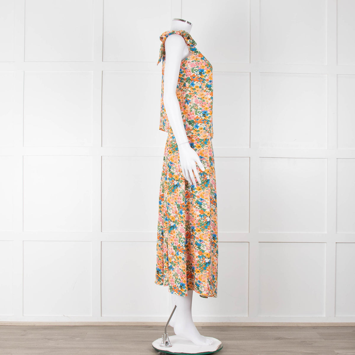 Sezane Cream Orange Green Floral Tie Up Strap Vest