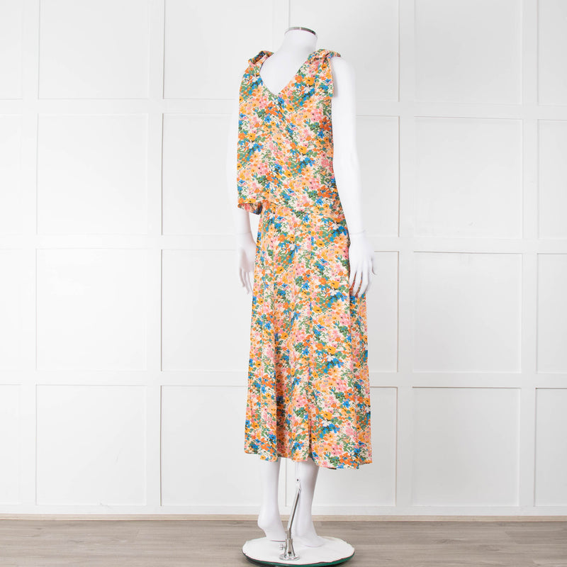 Sezane Cream Orange Green Floral Midi Skirt