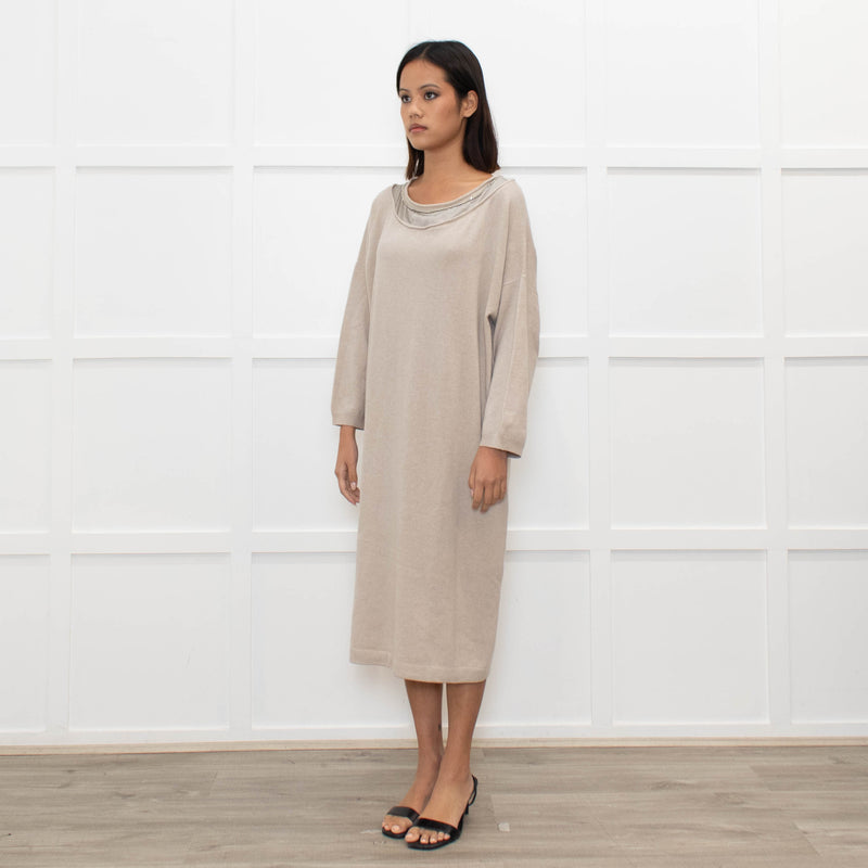 Fabiana Filippi Beige Chain Trim Merino Wool Knit Dress
