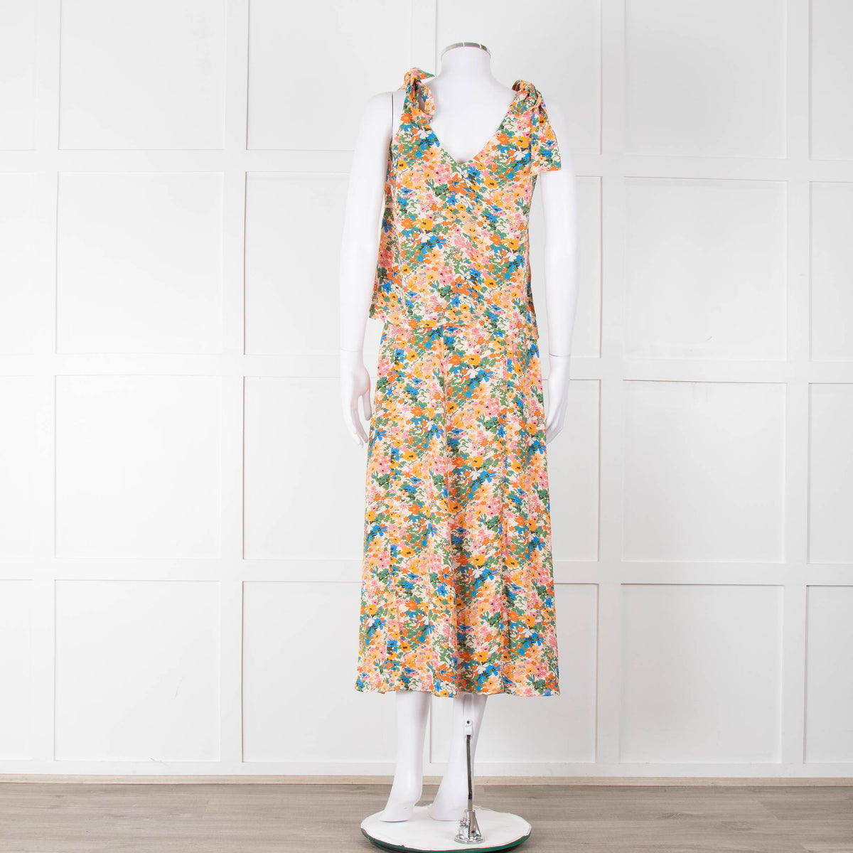 Sezane Cream Orange Green Floral Tie Up Strap Vest
