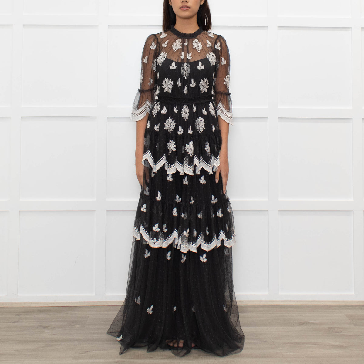 Needle & Thread Grey White Embroidery Tiered Net Maxi Dress