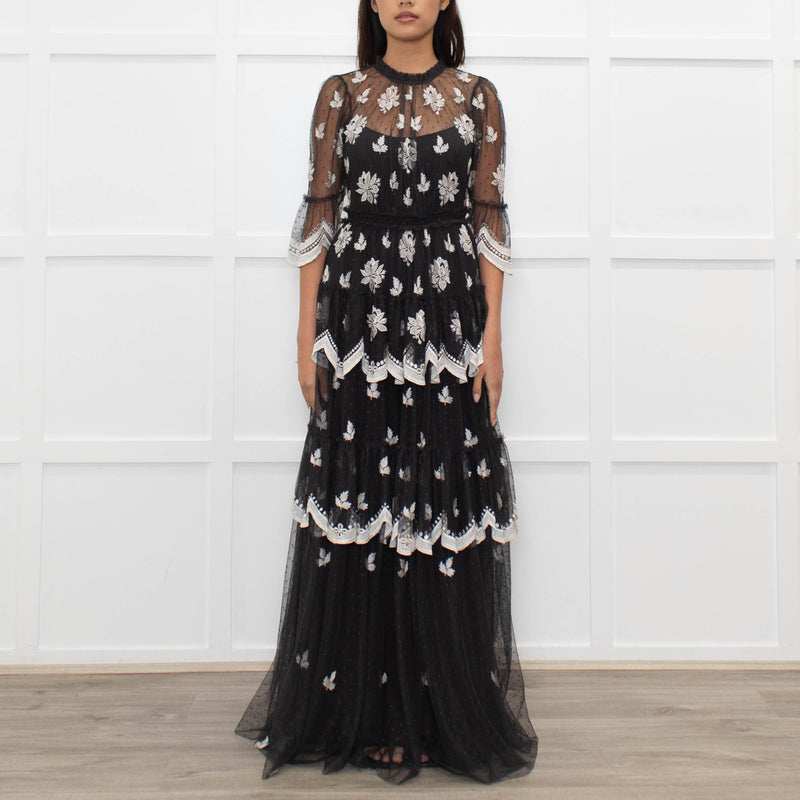 Needle & Thread Grey White Embroidery Tiered Net Maxi Dress