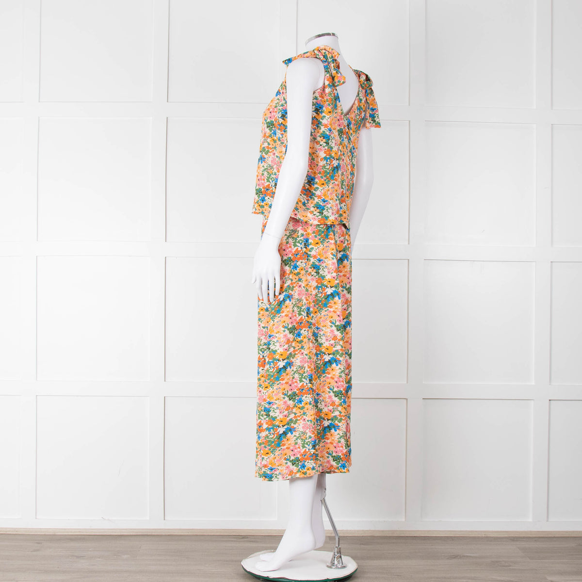Sezane Cream Orange Green Floral Tie Up Strap Vest