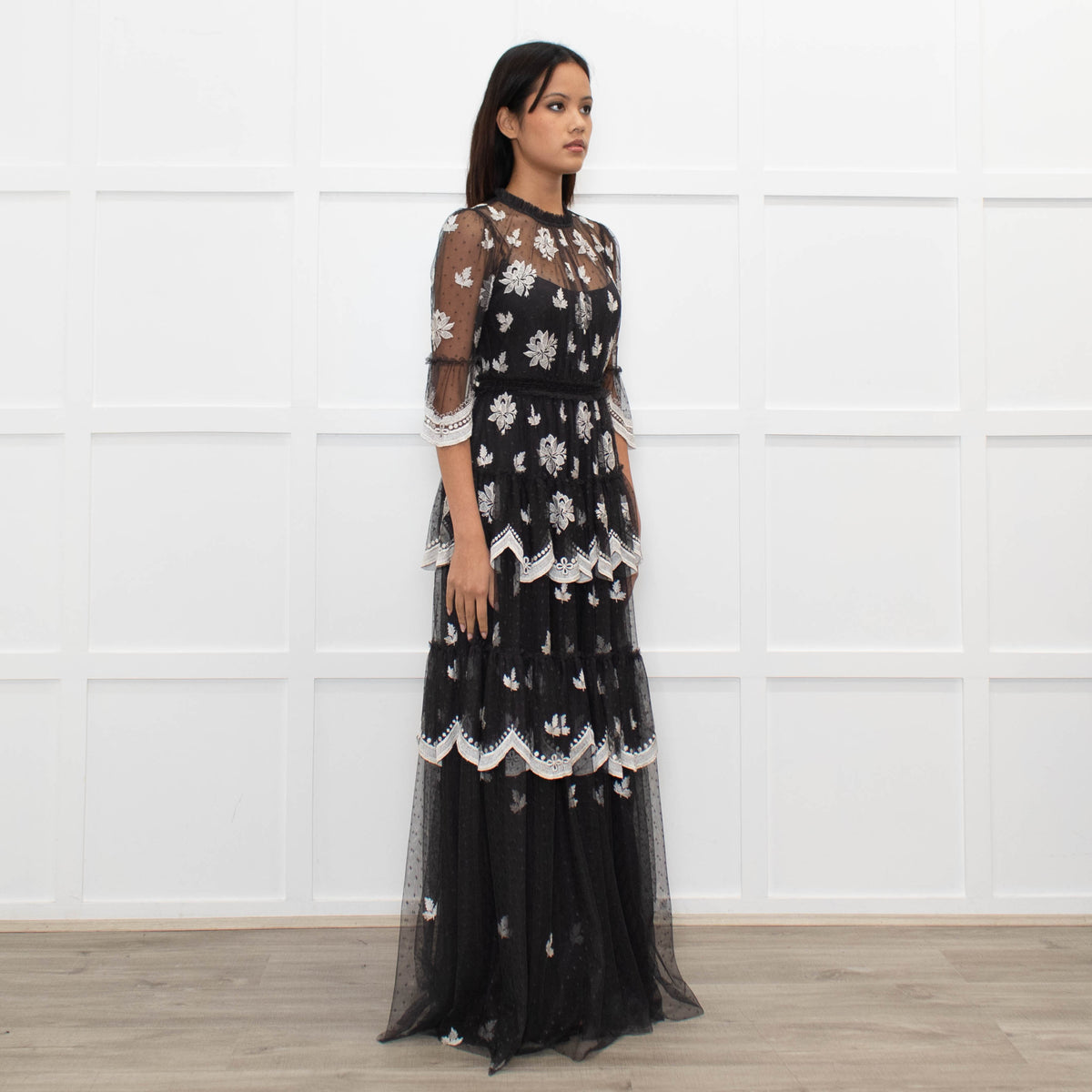 Needle & Thread Grey White Embroidery Tiered Net Maxi Dress