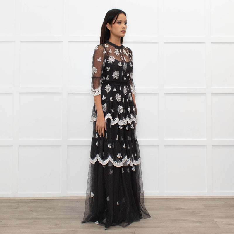 Needle & Thread Grey White Embroidery Tiered Net Maxi Dress