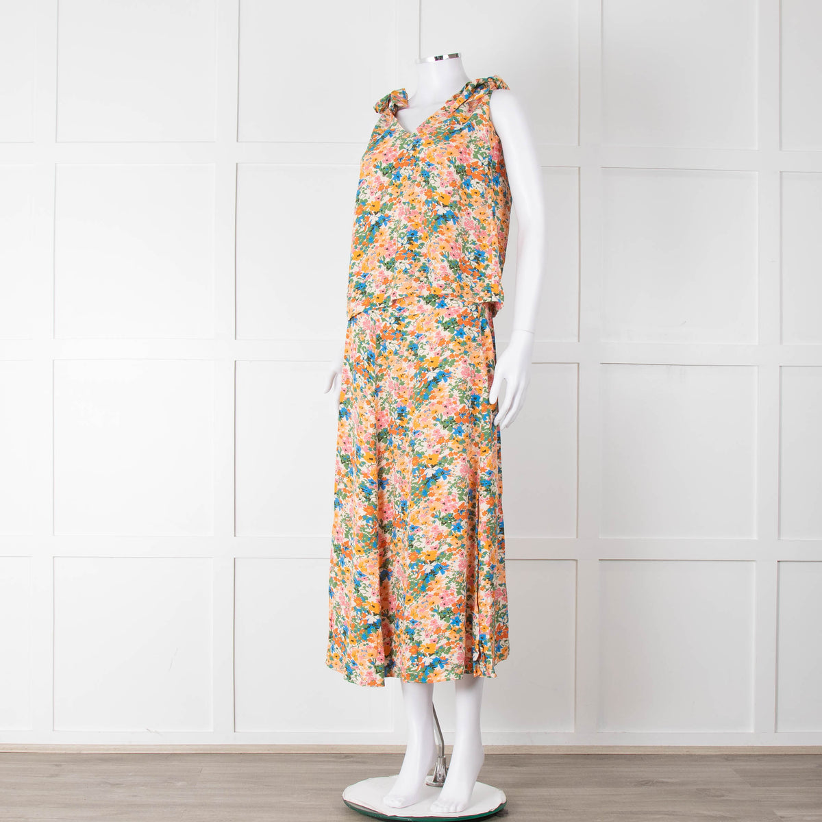 Sezane Cream Orange Green Floral Tie Up Strap Vest