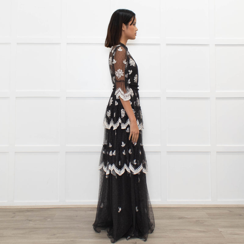 Needle & Thread Grey White Embroidery Tiered Net Maxi Dress