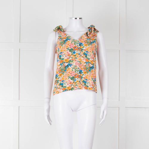 Sezane Cream Orange Green Floral Tie Up Strap Vest