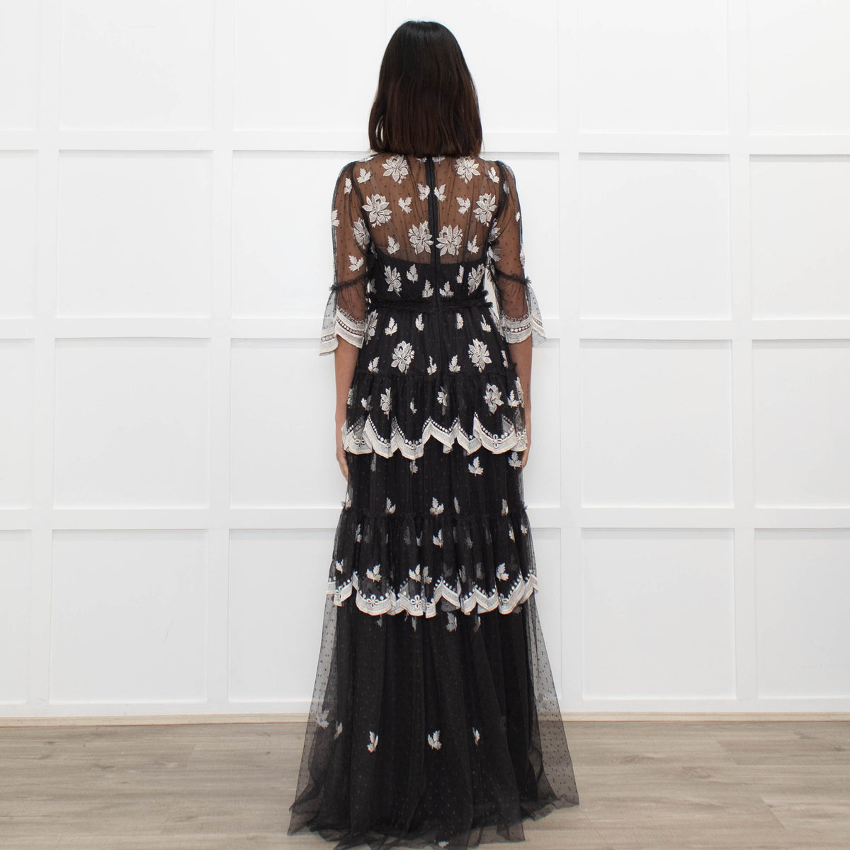 Needle & Thread Grey White Embroidery Tiered Net Maxi Dress