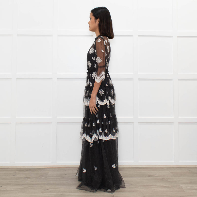 Needle & Thread Grey White Embroidery Tiered Net Maxi Dress