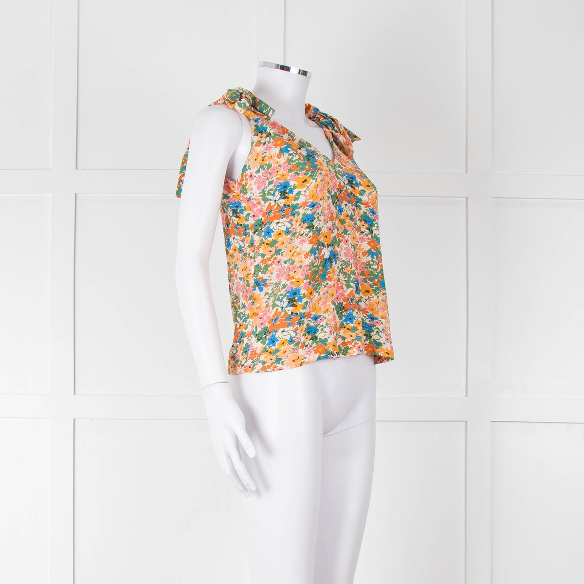 Sezane Cream Orange Green Floral Tie Up Strap Vest