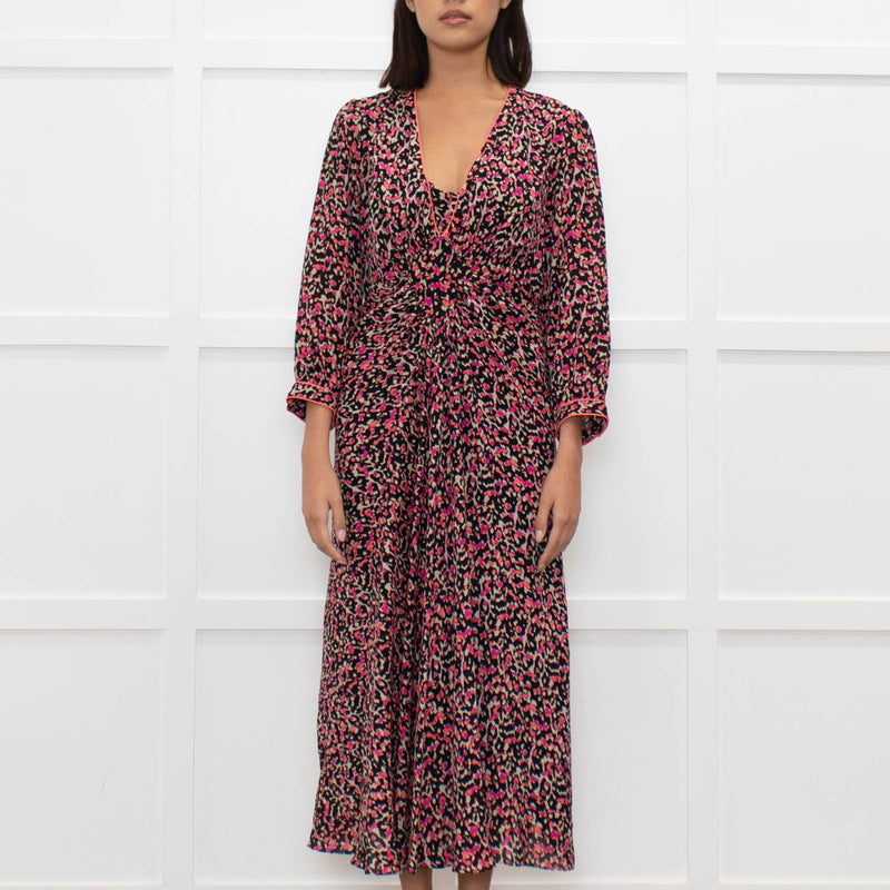 Libelula Black Pink Cream Floral Silk Midi Dress