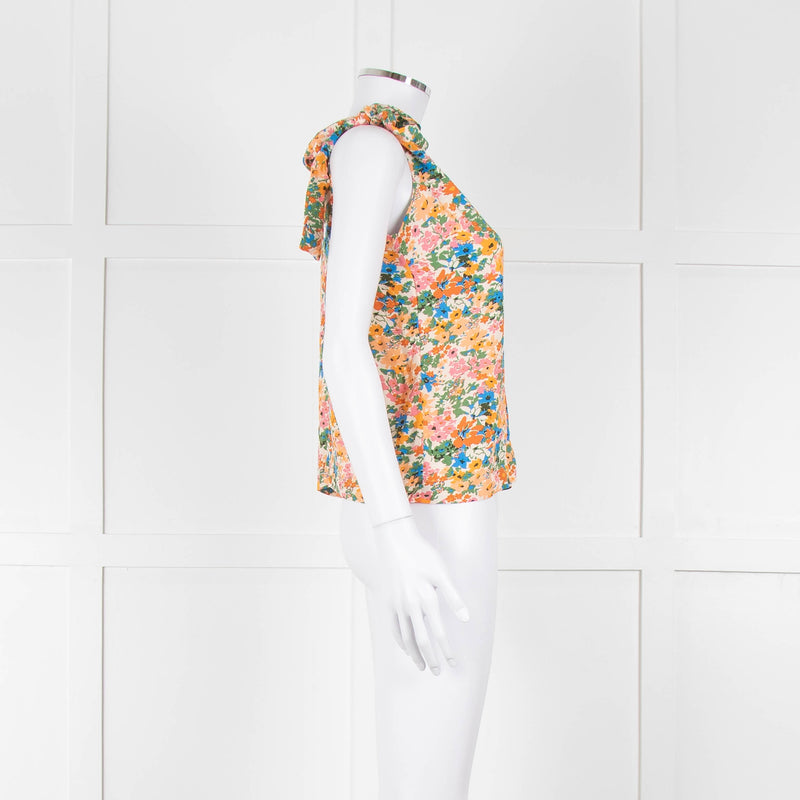 Sezane Cream Orange Green Floral Tie Up Strap Vest