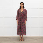 Libelula Black Pink Cream Floral Silk Midi Dress