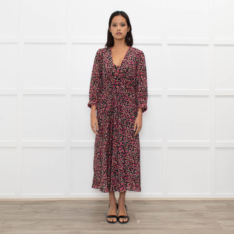 Libelula Black Pink Cream Floral Silk Midi Dress