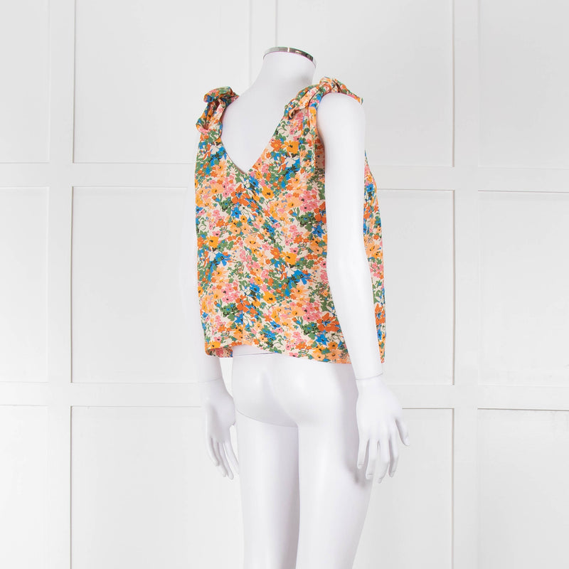 Sezane Cream Orange Green Floral Tie Up Strap Vest
