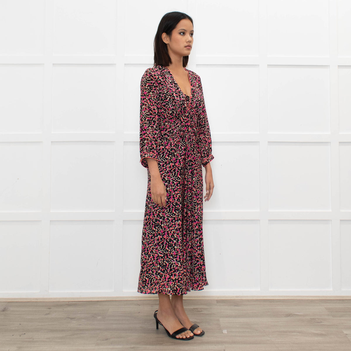 Libelula Black Pink Cream Floral Silk Midi Dress
