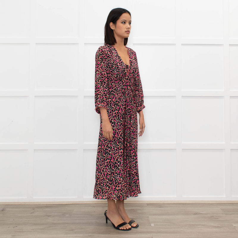 Libelula Black Pink Cream Floral Silk Midi Dress