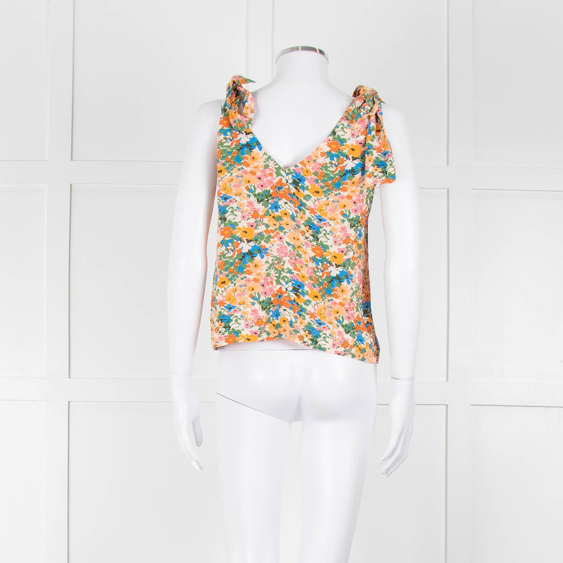Sezane Cream Orange Green Floral Tie Up Strap Vest