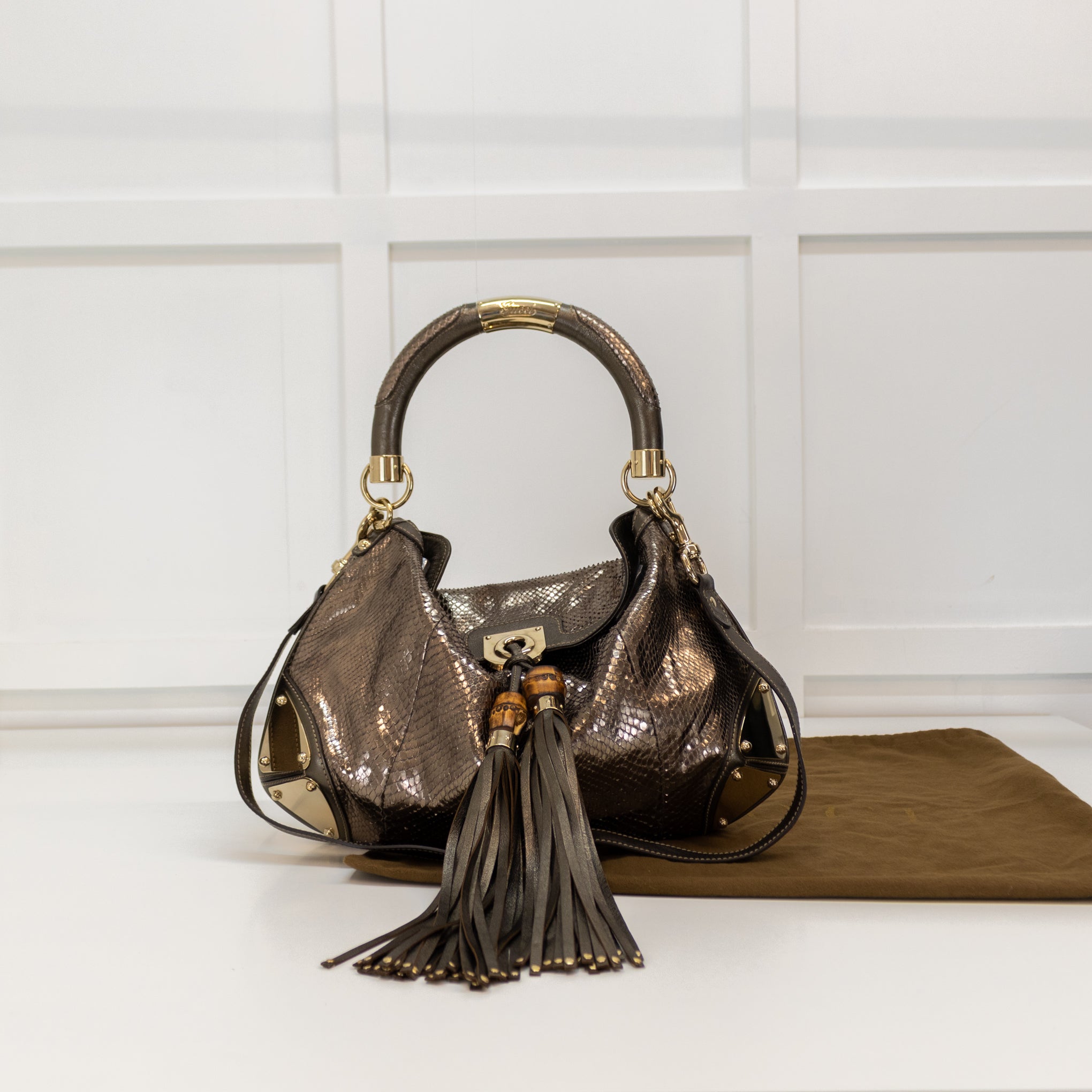 Gucci Pewter Metallic Snake Skin Babouska Indy Hobo Bag