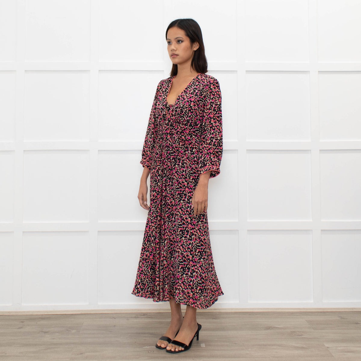 Libelula Black Pink Cream Floral Silk Midi Dress