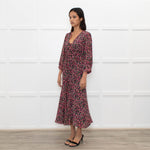 Libelula Black Pink Cream Floral Silk Midi Dress