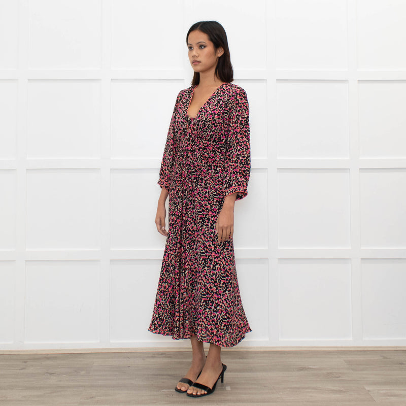 Libelula Black Pink Cream Floral Silk Midi Dress