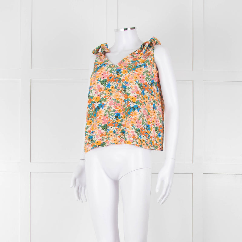 Sezane Cream Orange Green Floral Tie Up Strap Vest